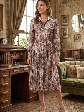 Vintage 1980s Japanese Bird Print Pleated Shirt Dress | Size Small | Rocco